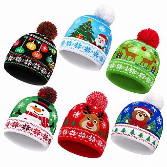 6-Pack LED Light Up Christmas Beanie Knit Winter Snow Caps for Adults