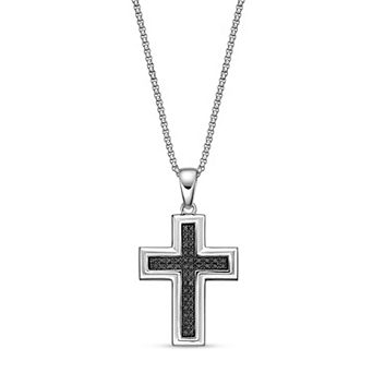 Men's LYNX Rhodium Over Sterling Silver 1/2 Carat T.W. Round Black Diamond Cross Pendant Necklace