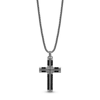Men's LYNX Rhodium Over Sterling Silver Round Spinel Box Chain Black Leather Pendant Necklace