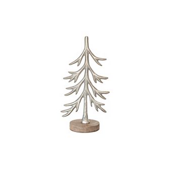 Storied Home Cast Aluminum Tree with Mango Wood Base & Silver Tone Finish Table Decor