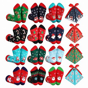 Christmas 12 Pairs Socks with Individual Gift Boxes Holiday Novelty