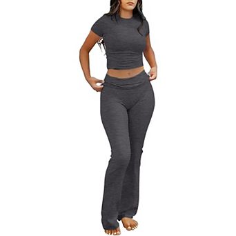 Womens 2 pc Slim Fit High Waist Flare Lounge Set Soft Stretch Casual Wear