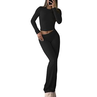2 pc Y2K Long Sleeve Crop Top High Waisted Flare Pants Knit Lounge Set