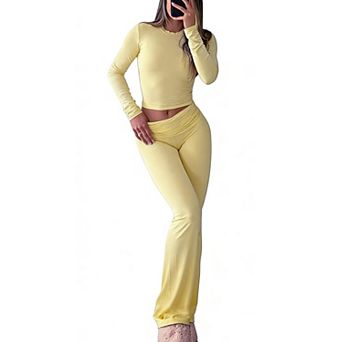 2 pc Y2K Long Sleeve Crop Top High Waisted Flare Pants Knit Lounge Set
