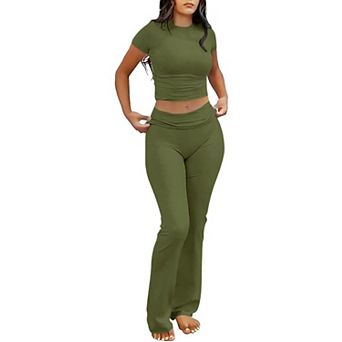Womens 2 pc Short Sleeve Crop Top Flare Pants Lounge Set