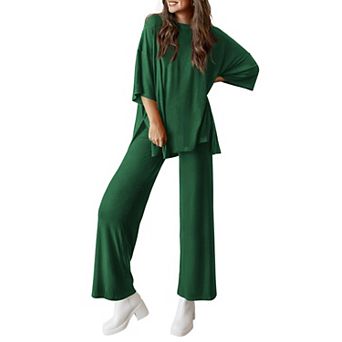 Womens 2 pc Knit Lounge Set Wide Leg Pants Short Sleeve Top