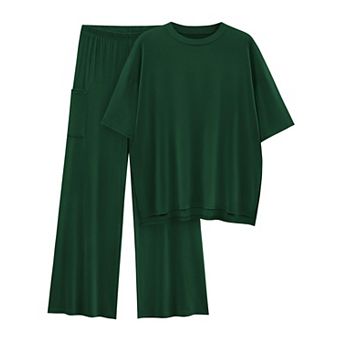 Womens 2 pc Lounge Sets Oversized Short Sleeve Wide Leg Pant Outfits