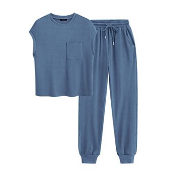Womens 2 pc Summer Lounge Tracksuit Casual Ribbed Knit Active Wear Set