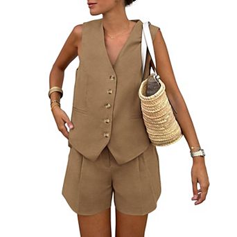 Womens 2 pc Summer Casual Sleeveless V Neck Tank Top High Waisted Shorts Two Piece Outfit Set