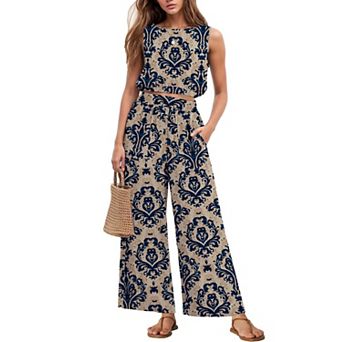Womens 2 pc Summer Crop Top Wide Leg Pants Outfit Lightweight Breathable