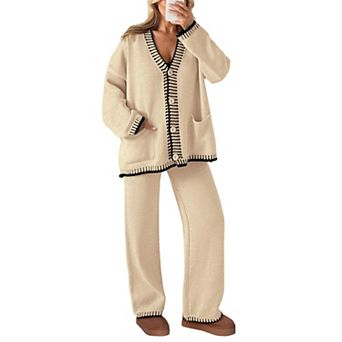 Womens 2 pc Cozy Knit Matching Lounge Set Cardigan Wide Leg Pants