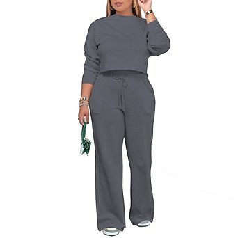 Womens 2 pc Long Sleeve Crop Top Wide Leg Pants Tracksuit Set Casual Wear