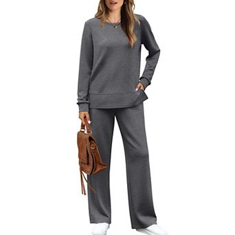 Womens 2 pc Lounge Set Crewneck Tops Wide Leg Pants Casual Travel Outfits