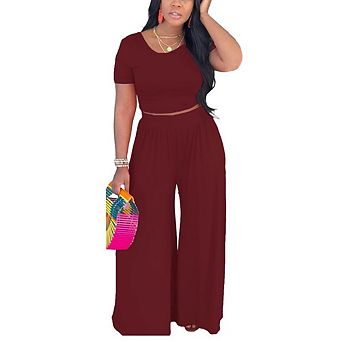 Womens 2 pc Crop Tops Wide Leg Pants Casual Lounge Outfit
