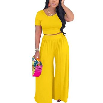 Womens 2 pc Crop Tops Wide Leg Pants Casual Lounge Outfit