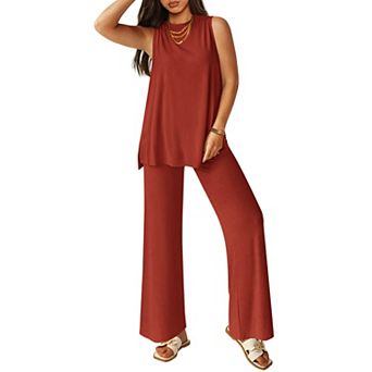 Womens 2 pc Sleeveless Tank Top High Waist Pants Loungewear Set