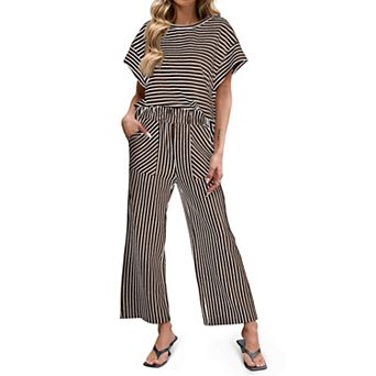 Womens 2 pc Striped Loungewear Set Oversized Batwing Sleeve Lounge Pants