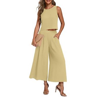 Womens 2 pc Summer Outfits Crop Top Wide Leg Pants Matching Set