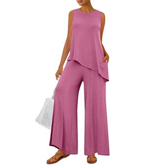 Womens 2 pc Summer Ribbed Knit Lounge Set Tank Top Wide Leg Pants Outfit