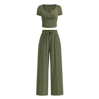 Womens 2 pc Ribbed Knit Crop Top Wide Leg Pants Set