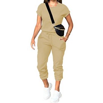 Womens 2 pc Stretchy Tracksuit Set Short Sleeve Tops Jogger Pants With Pockets