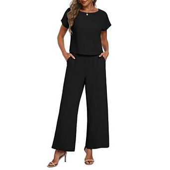 Womens 2 pc Summer Cap Sleeve Crop Top Wide Leg Pants Lounge Set
