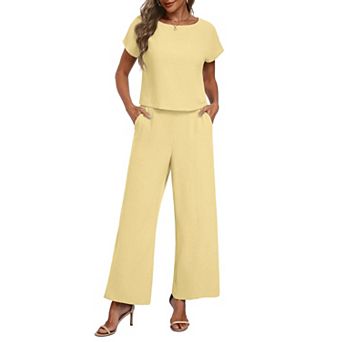 Womens 2 pc Summer Cap Sleeve Crop Top Wide Leg Pants Lounge Set