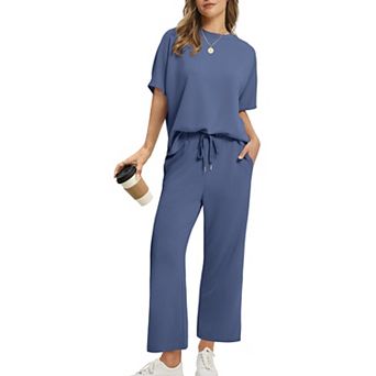 Womens 2 pc Two Piece Summer Outfits Loose Fit Crop Pants Lounge Wear