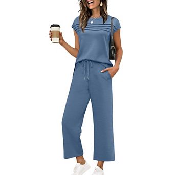 Womens 2 pc Cap Sleeve Lounge Set Wide Leg Crop Pants Travel Outfits