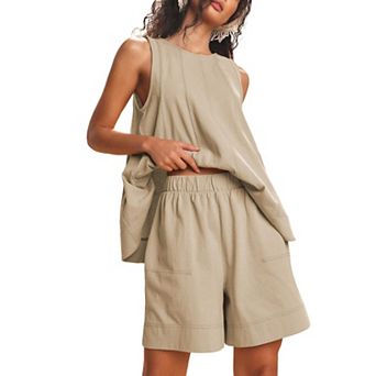 Womens 2 pc Lounge Set Sleeveless Tank Top Elastic Waist Shorts With Pockets Casual Summer Outfit