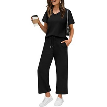 Womens 2 pc Short Sleeve V Neck Lounge Set Casual Vacation Outfits