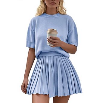 Womens 2 pc Summer Short Sleeve Crewneck Knit Tops Pleated Skirt Two Piece Set