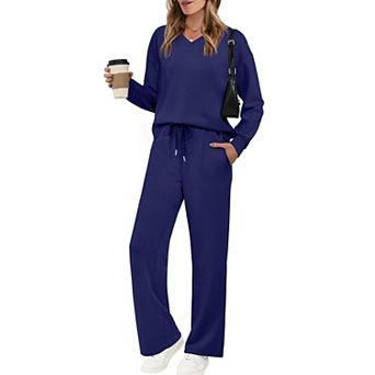 Womens 2 pc V Neck Lounge Sets Wide Leg Pants Casual Outfits