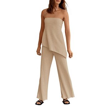 Womens 2 pc Knit Outfits Asymmetrical Tube Top Wide Leg Pants Lounge Set