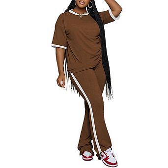 Womens 2 pc Summer Casual Short Sleeve Top Flare Pants Lounge Set
