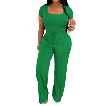 Womens 2 pc Lounge Outfits Square Neck Tops High Waisted Wide Leg Pants Tracksuit Sets