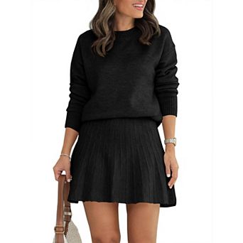 Womens 2 pc Knit Pleated Mini Skirt Set Long Sleeve Crewneck Top Fall Winter Outfit