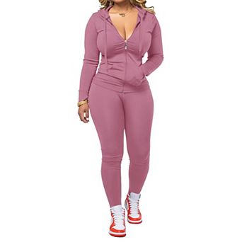 Womens 2 pc Zip Up Hoodie Long Sleeve Jogger Pants Workout Set