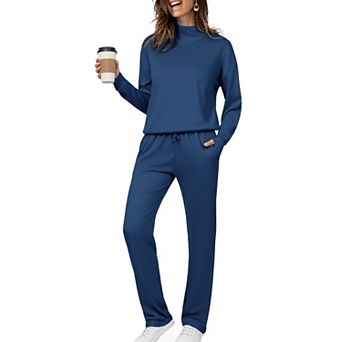 Womens 2 pc Lounge Set Mock Neck Sweatshirt High Waist Pants With Thumb Holes Fall Outfits