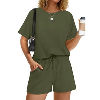 Womens 2 pc Casual Summer Short Sleeve Crew Neck Lounge Matching Set