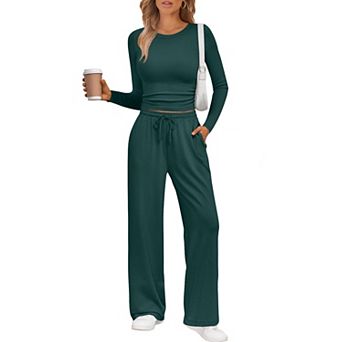 Womens 2 pc Long Sleeve High Waisted Lounge Set Stretch Comfortable Fall Outfits