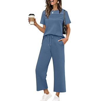 Womens 2 pc Short Sleeve Lounge Set Wide Leg Pants Casual Outfits