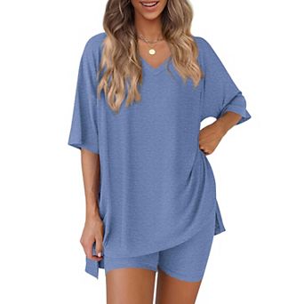 Womens 2 pc V Neck Short Sleeve Lounge Set With Side Pockets