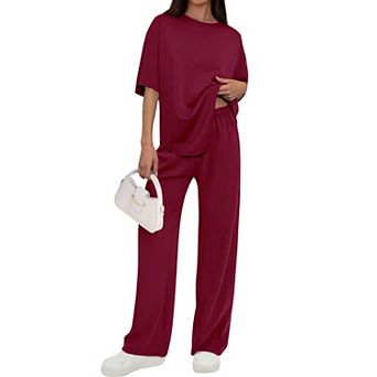 2 pc Womens Lounge Set Short Sleeve Wide Leg Pants Travel Outfit