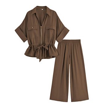 Womens 2 pc Linen Outfit V-Neck Lounge Set with Pockets
