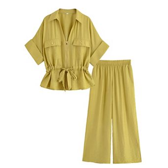 Womens 2 pc Linen Outfit V-Neck Lounge Set with Pockets