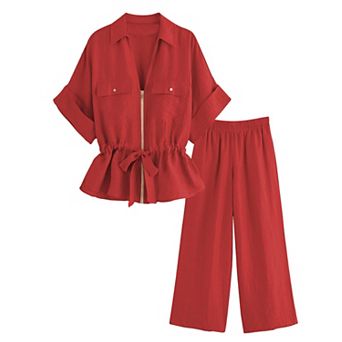 Womens 2 pc Linen Outfit V-Neck Lounge Set with Pockets