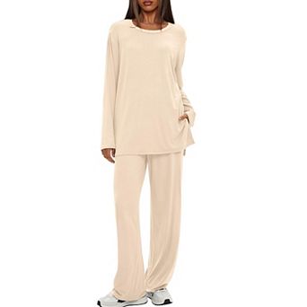 Womens 2 pc Fall Lounge Set Oversized Top Wide Leg Pants