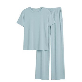 Womens 2 pc Lounge Set Short Sleeve Crewneck Top Wide Leg Pants with Pockets