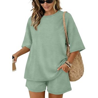 Womens 2 pc Oversized Lounge Set 3/4 Sleeve Tops Drawstring Shorts